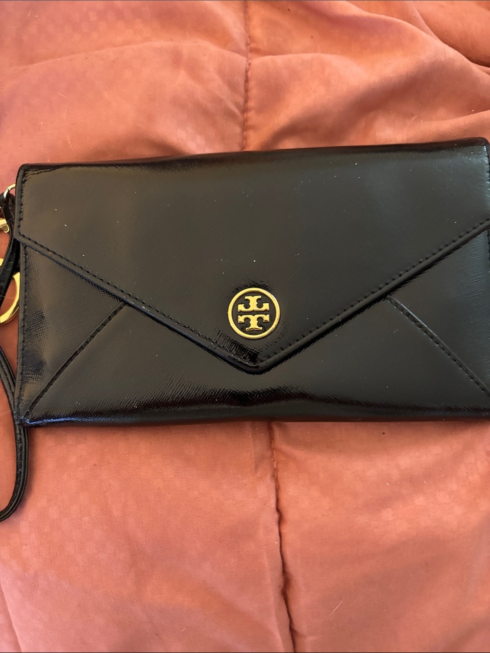 Tory Burch Black Patent Leather Envelope Wristlet with Gold Logo